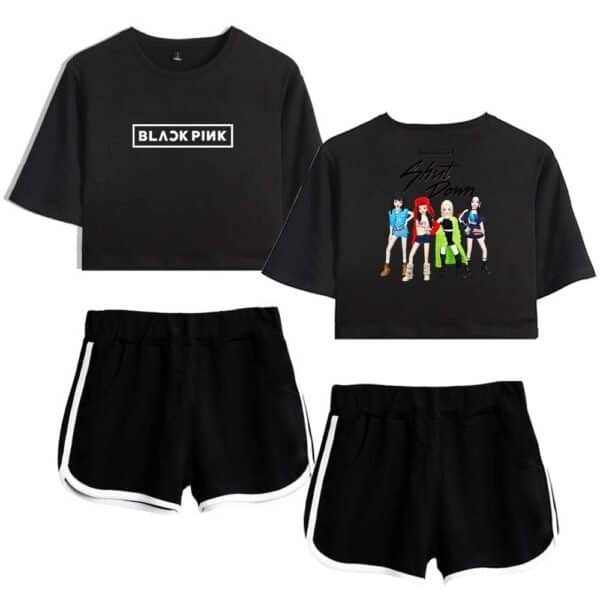 Black pink box logo sweatshirt with cartoon pop stars on the back, paired with sporty black shorts with white trim, offering affordable, high-quality merchandise for fashion-forward fans.