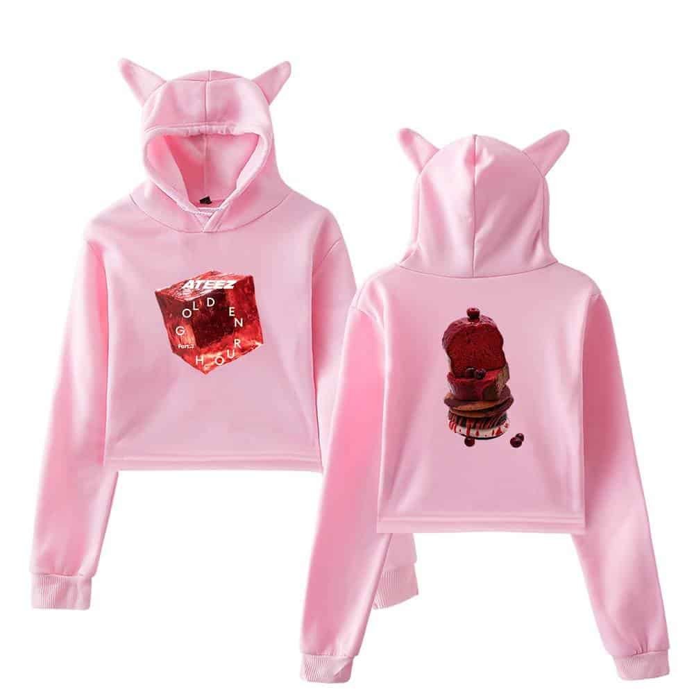 Soft pink hoodie and sweatpants set with cute animal ears, featuring trendy graphic designs on both front and back for stylish, affordable, high-quality merch.
