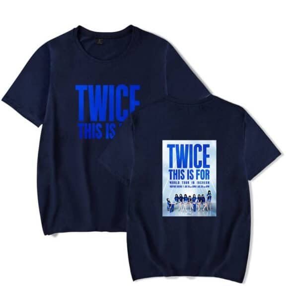 Twich merchandise T-shirt promoting TWICE’s world tour in Incheon, featuring bold blue text and a group image on the back. Affordable high-quality concert apparel for fans.