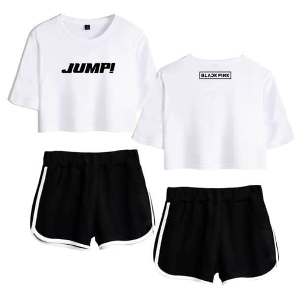 Jump! white cropped t-shirt with black bold print, paired with black athletic shorts with white trim, showcasing stylish and affordable high-quality merchandise.