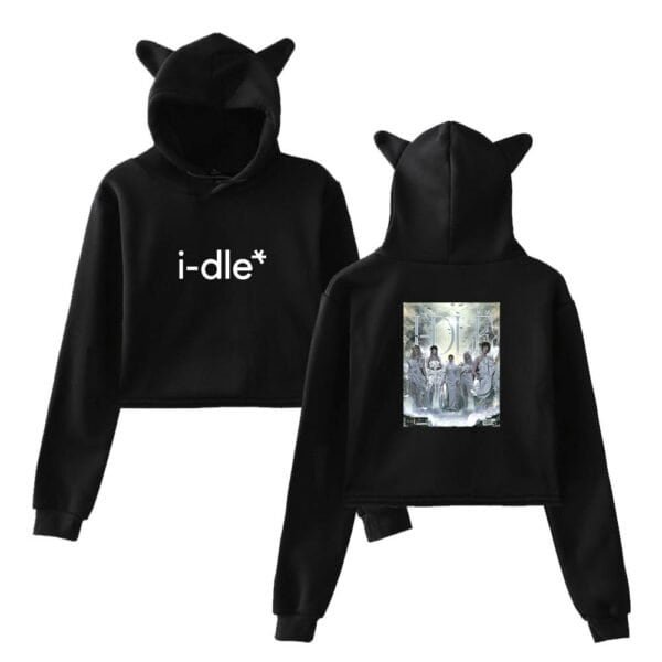 I-dle black hoodie with cat ears, cheap high quality merch, stylish and comfortable K-pop fandom apparel, perfect for fans of the girl group ITZY.