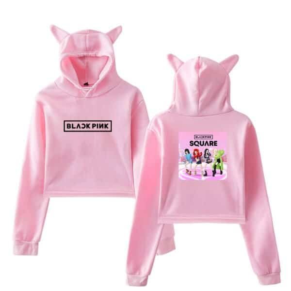 Comfy pink hoodie set with black pink logos and cartoon characters, stylish and affordable merch for fans of the K-pop group.