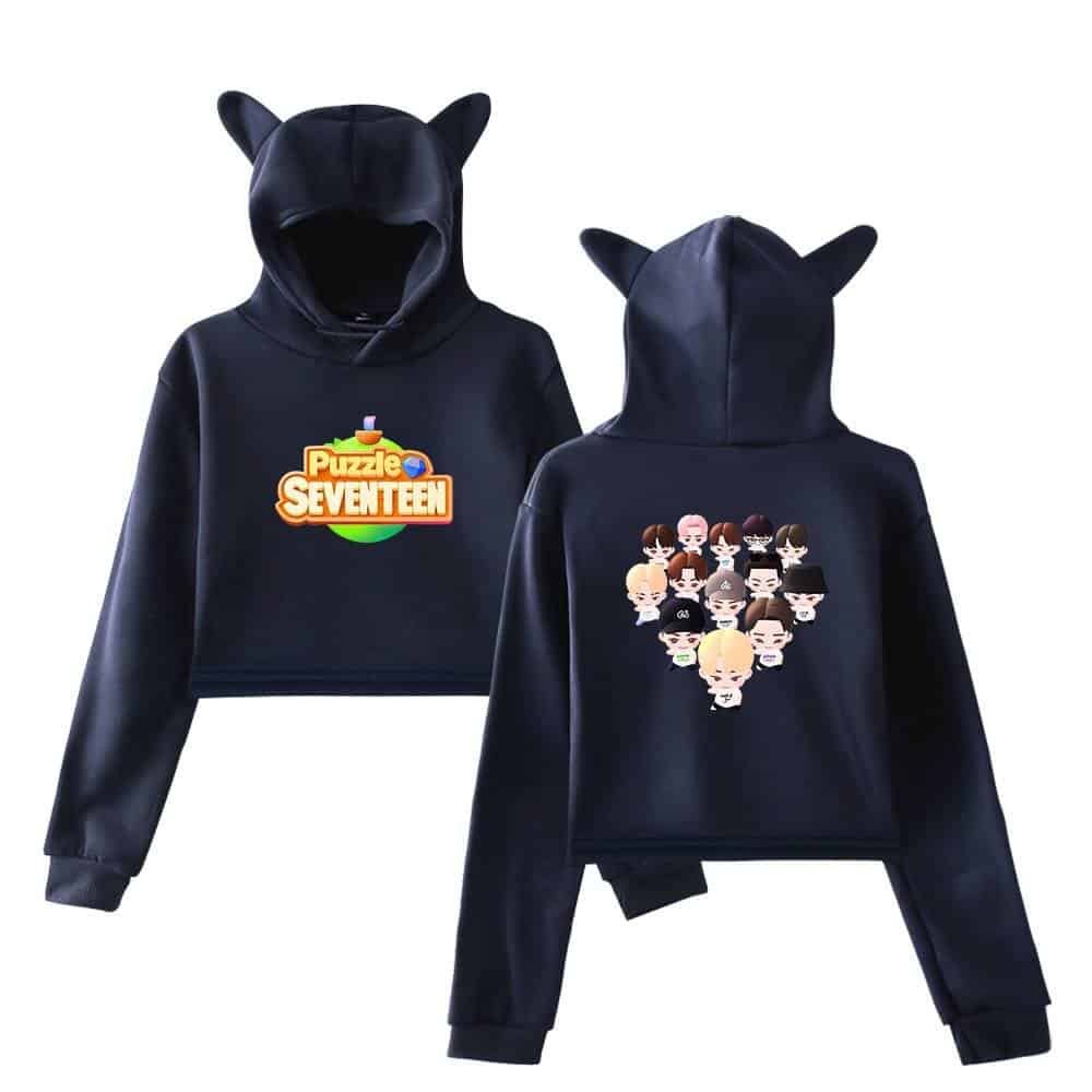 High-quality black hoodies with cute animal ear hoods featuring cartoon-style designs of "Puzzle Seventeen" characters and a playful "Puzzle Seventeen" logo. Perfect for fans and casual wear.