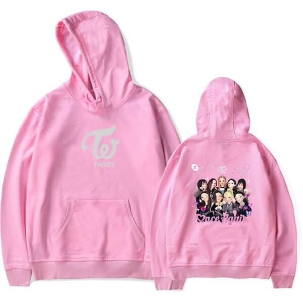 Cute pink hoodie with TWICE logo and group illustration on the back, soft and stylish, affordable high-quality merchandise for K-pop fans.
