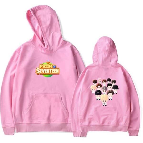 Puzzle SEVENTEEN pink hoodie with high-quality soft fabric, featuring colorful front logo and cute cartoon members on the back, ideal for fans seeking affordable, stylish merch.
