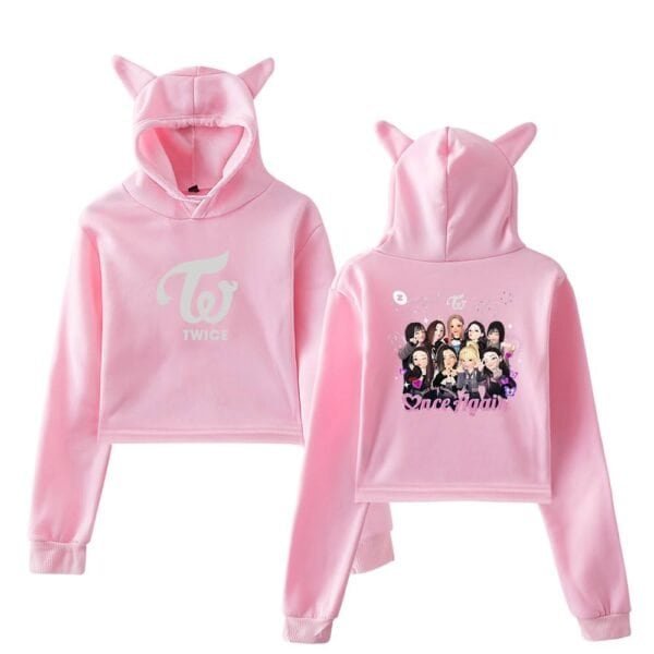 Soft pink TWICE girl group hoodie with unicorn ears and vibrant printed back design, ideal for affordable high-quality merchandise.