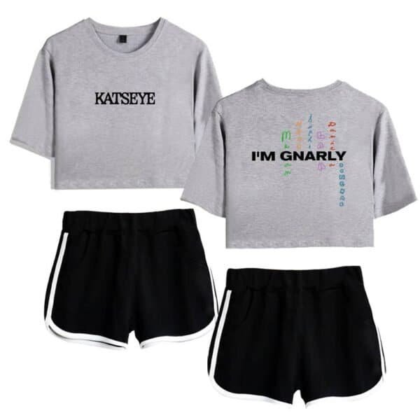 Cheap high quality merch, casual oversized gray crop top with bold black text "KATSEYE", paired with black athletic shorts with white trim, perfect for comfy streetwear or lounge wear, affordable and stylish.