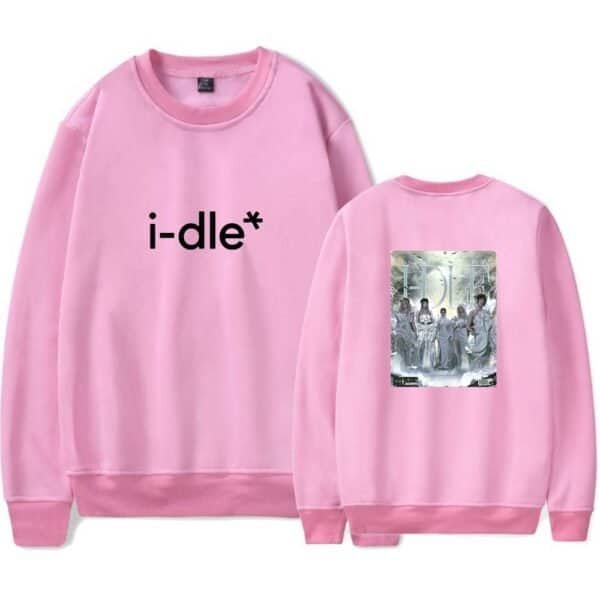 I-dle pink sweatshirt with K-pop girl group BTS graphic design, casual and trendy.