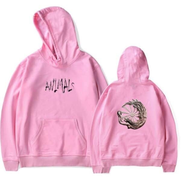 Pink hoodie with "ANIMALS" embroidered on the front and a unique animal logo on the back, combining stylish design with affordable high-quality materials. Perfect for casual wear and animal lovers.