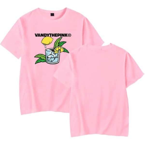 VANDYTHEPINK branded T-shirt with lemonade and leaves graphic, affordable and high quality merchandise, stylish casual wear, perfect for fans of trendy streetwear and pop culture.