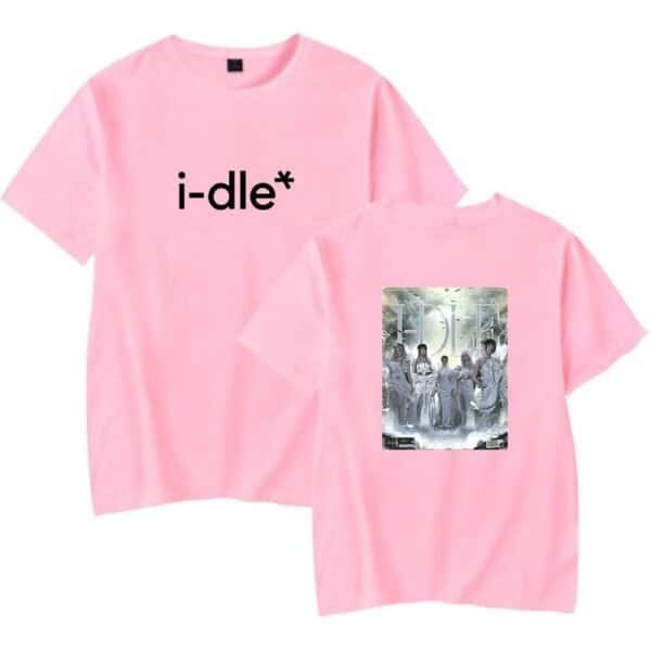 I-dle* pink graphic t-shirt, high-quality casual merchandise for fans of the K-pop group, affordable trendy apparel, comfortable and stylish for everyday wear, perfect for fans and fashion enthusiasts alike.