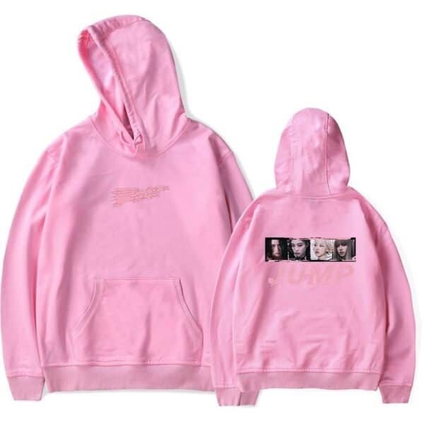 Pink hoodie sweatshirt with graphic print, casual and affordable high-quality merchandise.