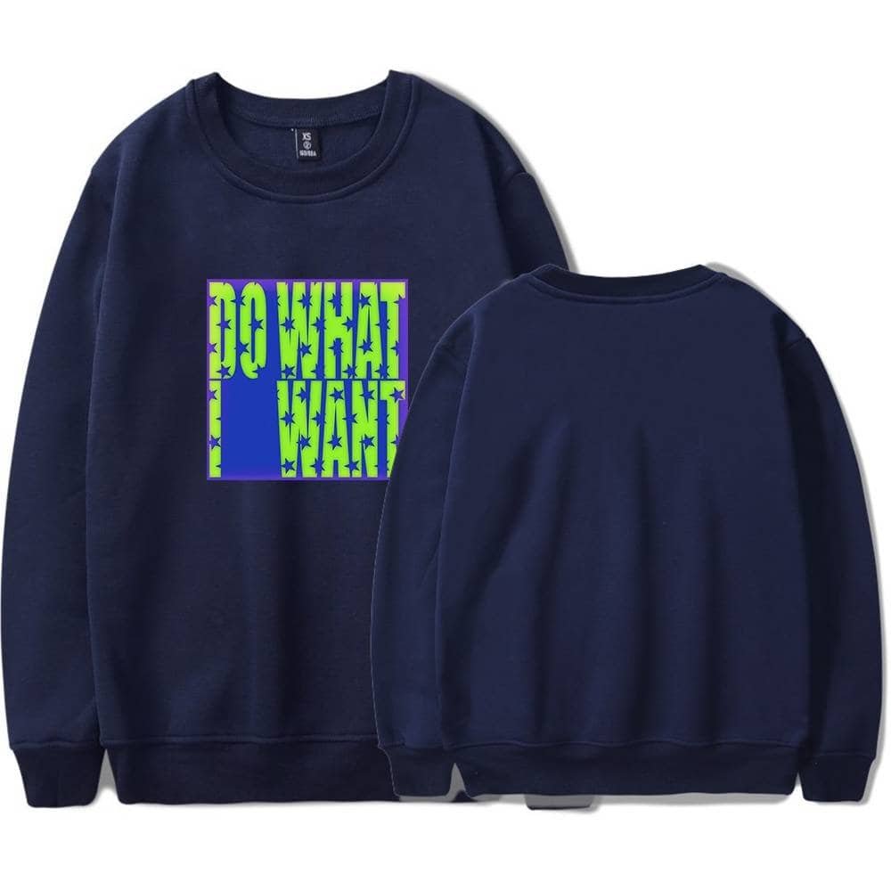 High-quality navy sweatshirt with "DO WHAT" and "START" printed in vibrant green and blue graphic design. Perfect for trendy, affordable fashion.