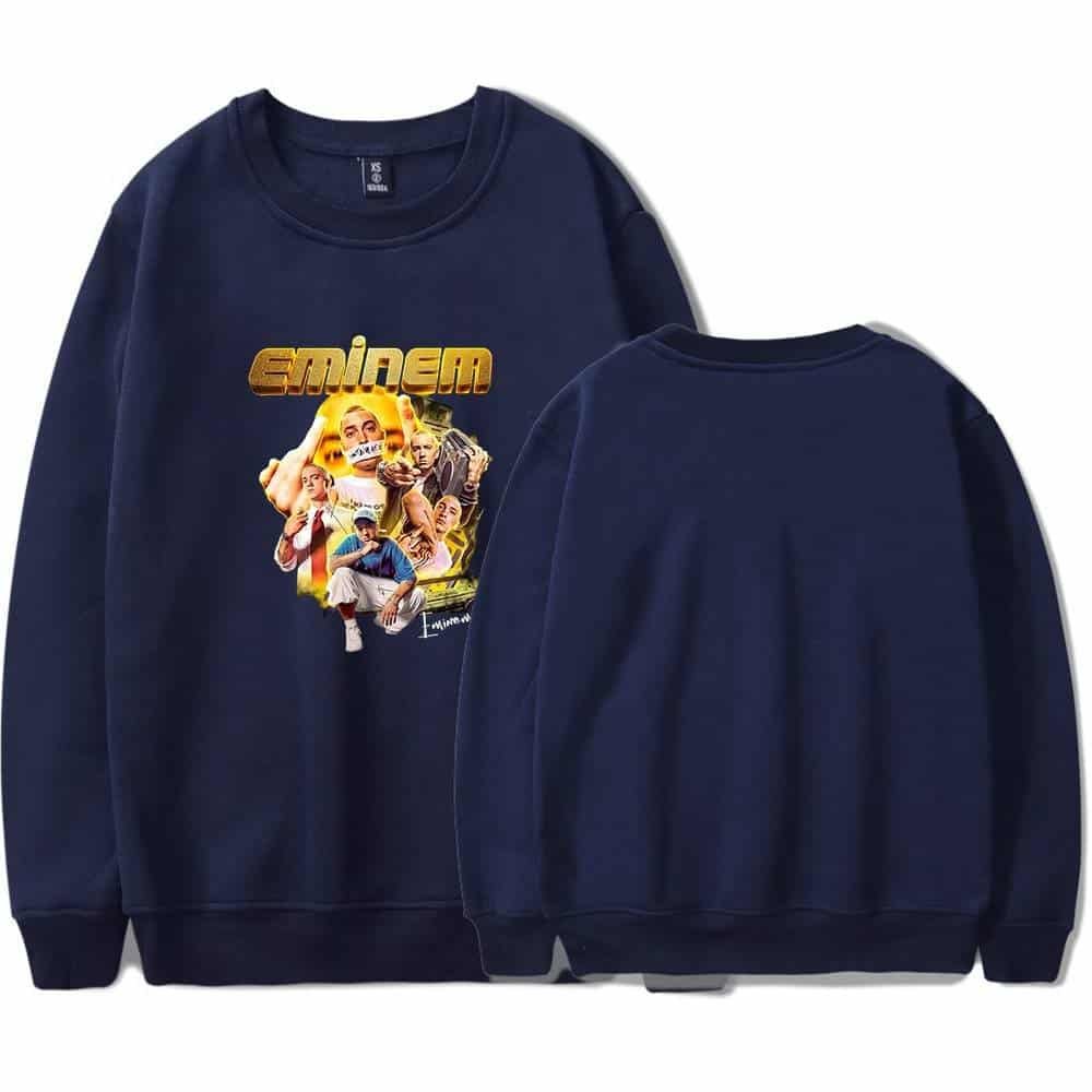 Emdenm crewneck sweatshirt featuring an Eminem graphic design in vibrant colors on a dark blue background. Perfect for stylish, affordable streetwear.