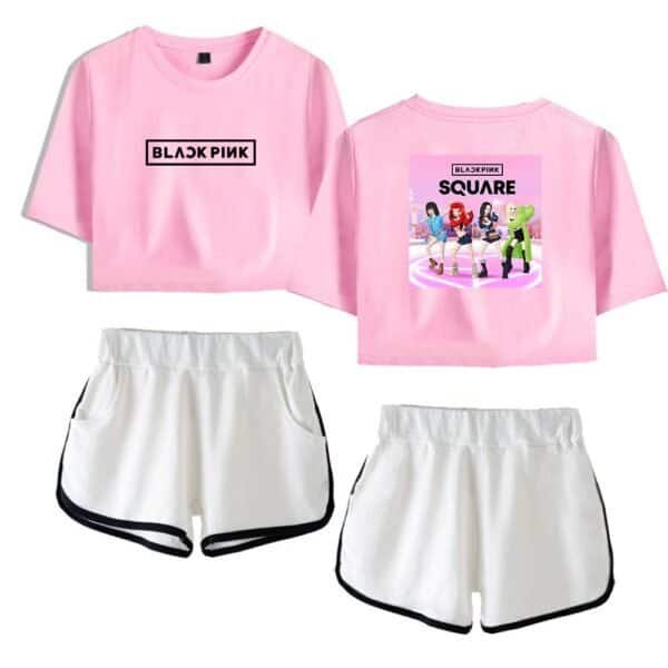Pink Blackpink graphic t-shirts with matching white athletic shorts, perfect for stylish casual wear or energetic activities, offering a combination of affordable prices and high quality.