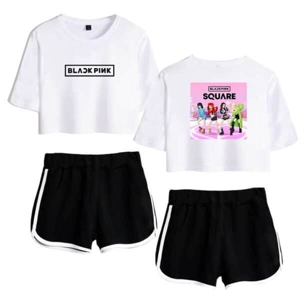 Black Pink merchandise set featuring two cropped T-shirts with band logos and graphics, paired with stylish black shorts with white side stripes, offering affordable, high-quality fashionable merch.