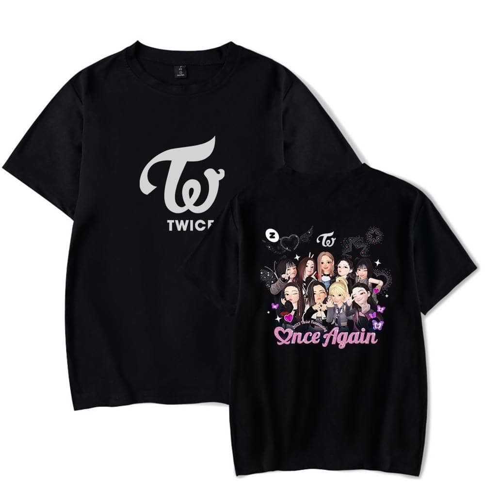Twice merchandise T-shirt with TWICE logo and cartoon group design, perfect for K-pop fans. Affordable, high-quality, stylish, and comfortable for everyday wear or fan gatherings.