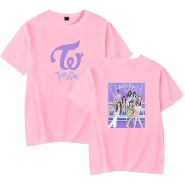 Twice pink t-shirt with group graphic, cheap high quality merch, casual fan apparel for TWICE fans, affordable trendy cotton T-shirt, cute concert merchandise for K-pop enthusiasts.