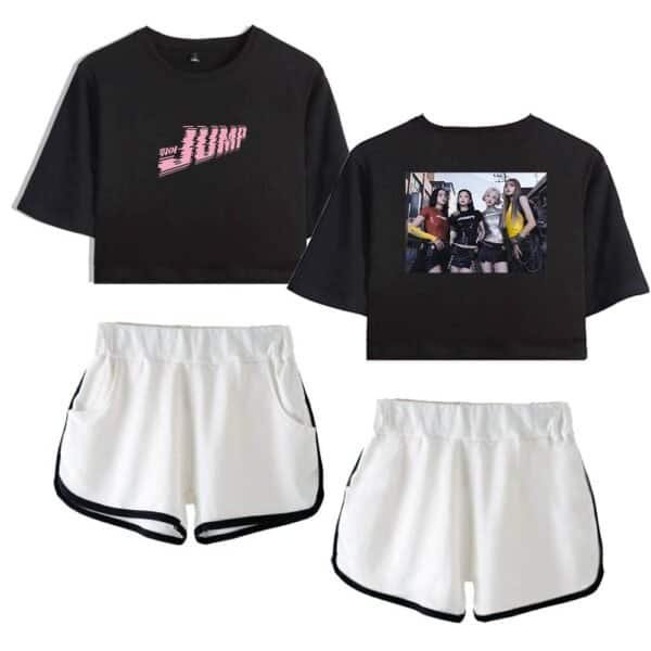 Black cropped T-shirt with graphic print and women's athletic shorts set.