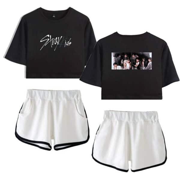 Gray sweatshirts with stylish prints, paired with white athletic shorts featuring black trim, offering affordable, high-quality merchandise for casual and trendy wear.
