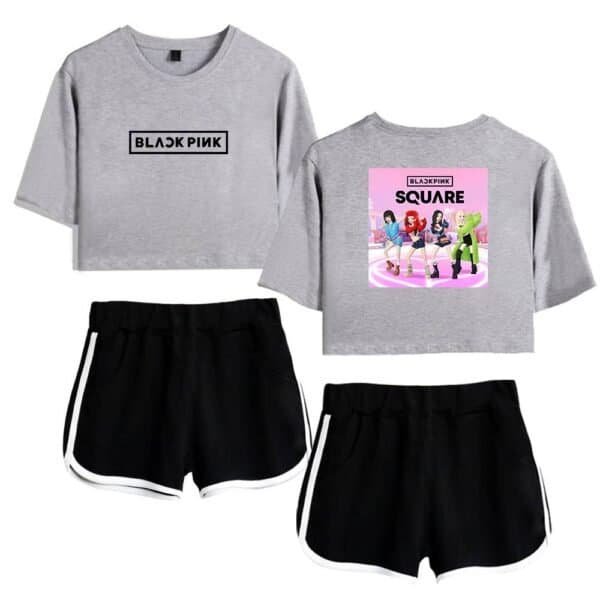 Black Pink graphic crop top and shorts set, trendy casual style, affordable high quality merch for fans and fashion enthusiasts.