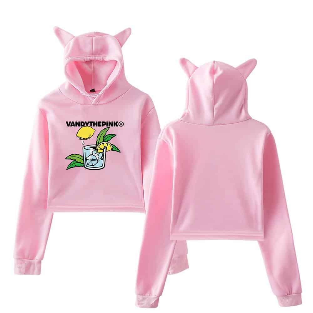 Vandythepink hoodie with cartoon lemon and leaves, pink cat ears hood, stylish and affordable high-quality merchandise.