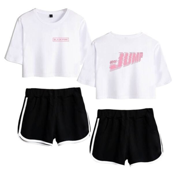 White cropped t-shirt with Blackpink and 2NE1 logo in pink, paired with black athletic shorts with white side stripes, casual trendy sporty apparel for less.