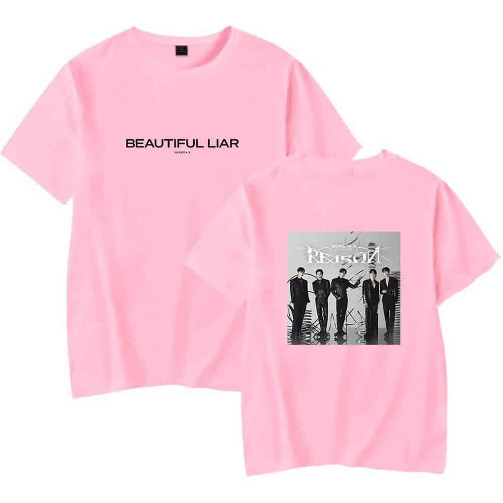 Pink t-shirts with bold printed text and band graphics, offering stylish and affordable merch options. Perfect for fans seeking high-quality, low-cost apparel to showcase their fandom.