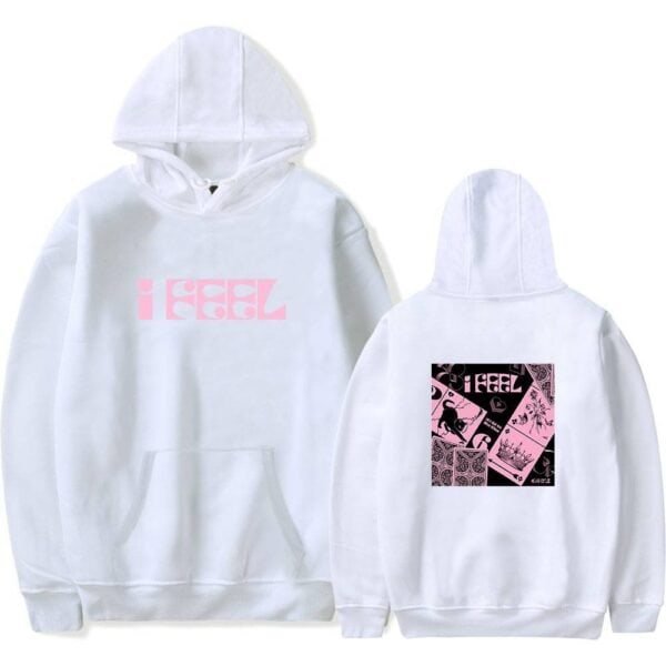 Soft white hoodie with pink graphic design on both front and back, featuring bold text and artistic illustrations. Made from high-quality, affordable materials perfect for casual wear.