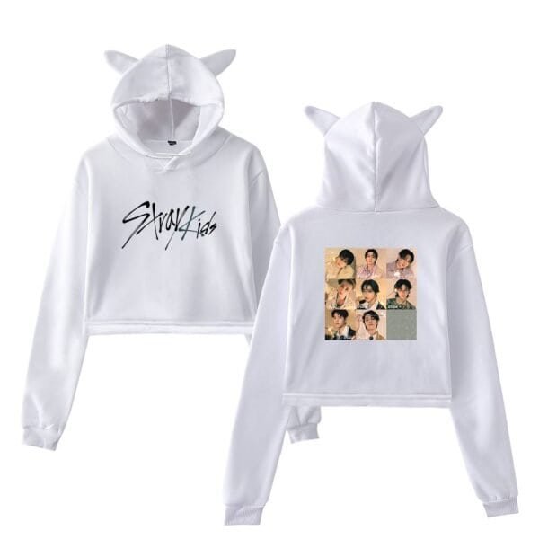 Stylish white hoodie with cute animal ears, featuring "Stray Kids" logo on the front and a photo collage on the back, perfect for fans seeking affordable, high-quality merchandise.