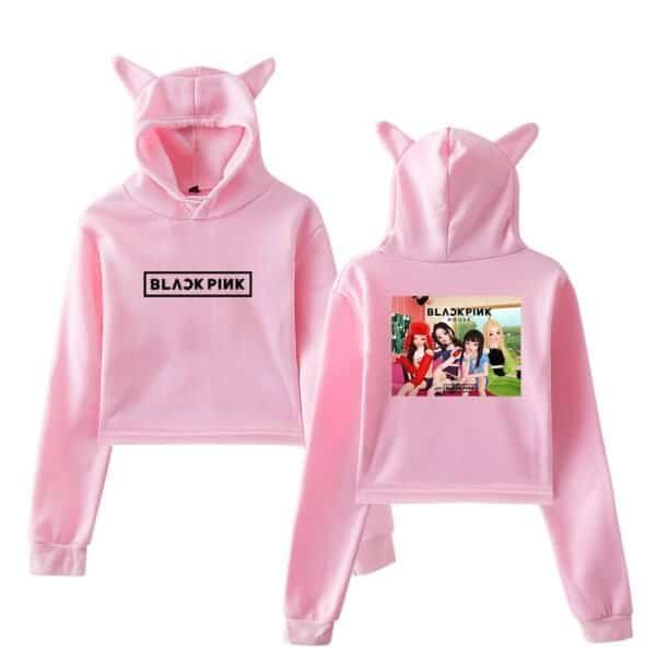 Pink BLACKPINK hoodie with cute cat ears on the hood, featuring the band’s logo and colorful album art, perfect for stylish, affordable high-quality merch.