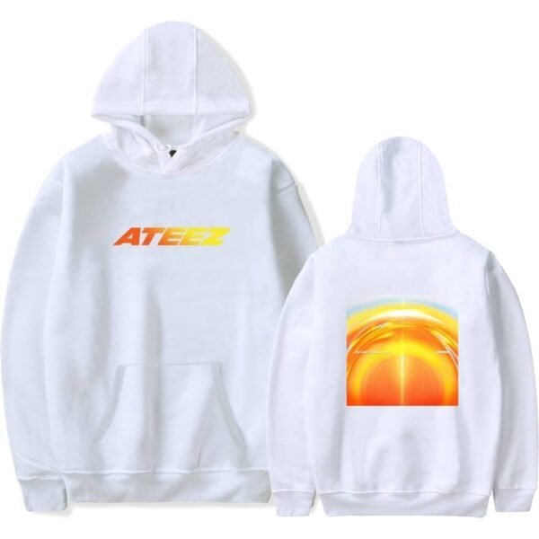 High quality white hoodie featuring bold "ATEEZ" logo in vibrant orange and yellow, perfect for fans or casual wear.