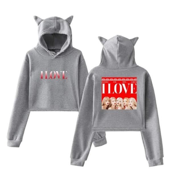 Comfy grey hoodie with cute cat ears, featuring a stylish "LOVE" print, perfect for fans of trendy and affordable high-quality merchandise.