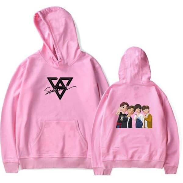 High-quality pink hoodie with front logo design and back cartoon illustration of four characters, trendy and affordable merchandise.