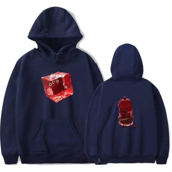 Aesthetic hoodie with unique red graphic designs on the front and back, perfect for stylish casual wear.
