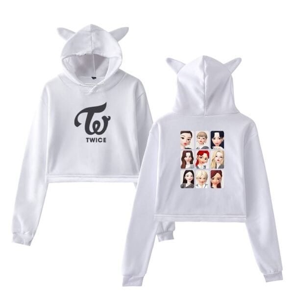 White hoodie with twic logo and cartoon girl illustrations, casual high-quality merch, trendy and comfortable pop culture apparel for fans and fashion enthusiasts alike.