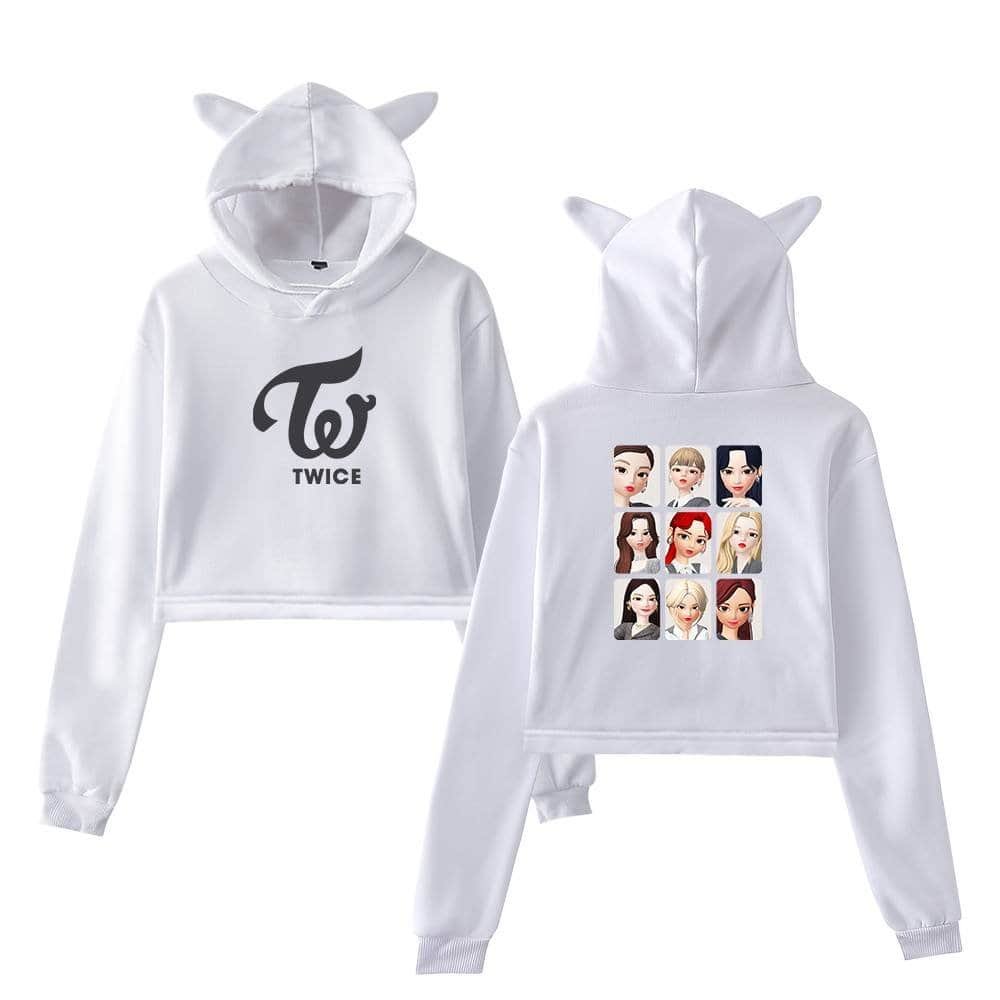 White hoodie with twic logo and cartoon girl illustrations, casual high-quality merch, trendy and comfortable pop culture apparel for fans and fashion enthusiasts alike.