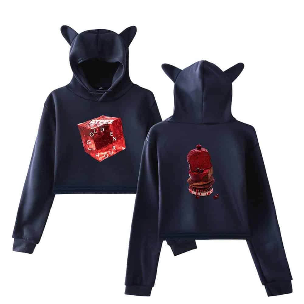 High-quality black hoodies with cute animal ear hoods and vibrant graphic prints on the front and back.