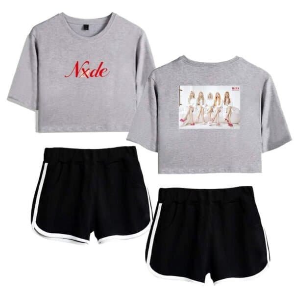 Nxde cropped sweatshirt and girl group graphic sweatshirt paired with black athletic shorts with white trim, casual trendy clothing set for women and teens.
