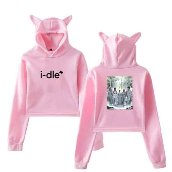 I-dle pink hoodie with cartoon design, high-quality and affordable streetwear, perfect for K-pop fans and casual wear, soft cotton blend, trendy and comfortable, cheap high quality merch.