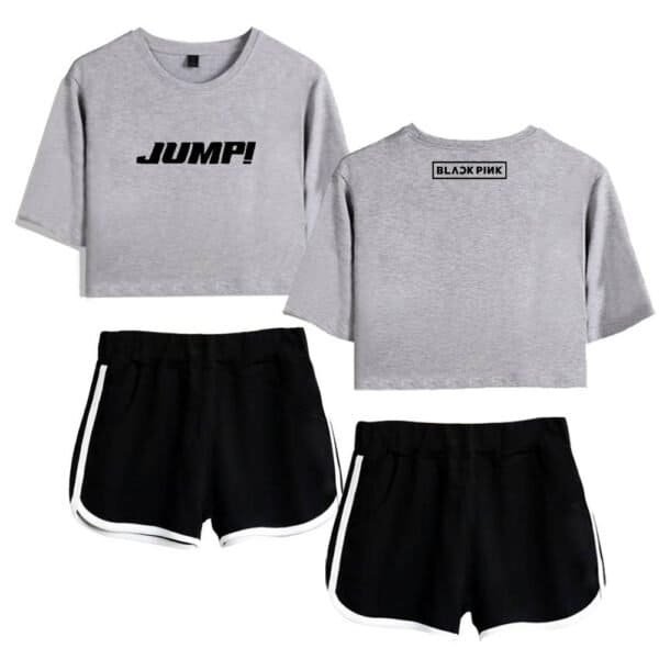JUMP! and BLACK PINK sweatshirt set with black athletic shorts, budget-friendly high-quality casual wear for sports and leisure.