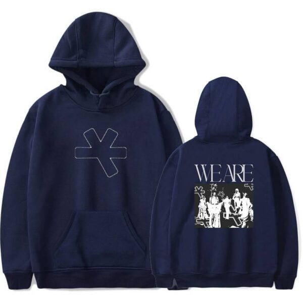 Comfortable navy hoodie with a minimalistic stitched logo on the front and a bold graphic print with the word "WEARE" on the back, perfect for affordable high-quality merch.