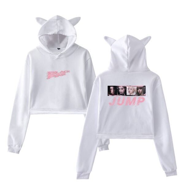 White hoodie with cat ears and printed graphics, trendy streetwear style, casual and comfortable, ideal for fans of cute and playful fashion statements, perfect for affordable high-quality merchandise.