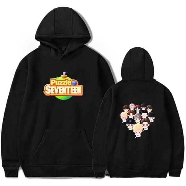 Puzzle SEVENTEEN hoodie featuring vibrant, high-quality print of the group's logo and cartoon-style characters on the back, perfect for fans seeking affordable and stylish merch.