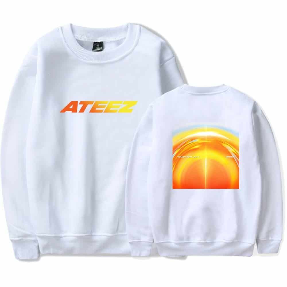 AteeZ white sweatshirt with colorful sunset graphic and bold logo, high-quality and affordable merchandise, perfect for fans and casual wear.