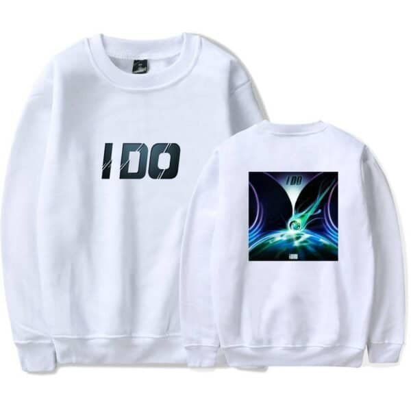 ID9 white sweatshirt with bold black text front and a vibrant abstract galaxy design on the back, perfect for affordable high-quality merch.