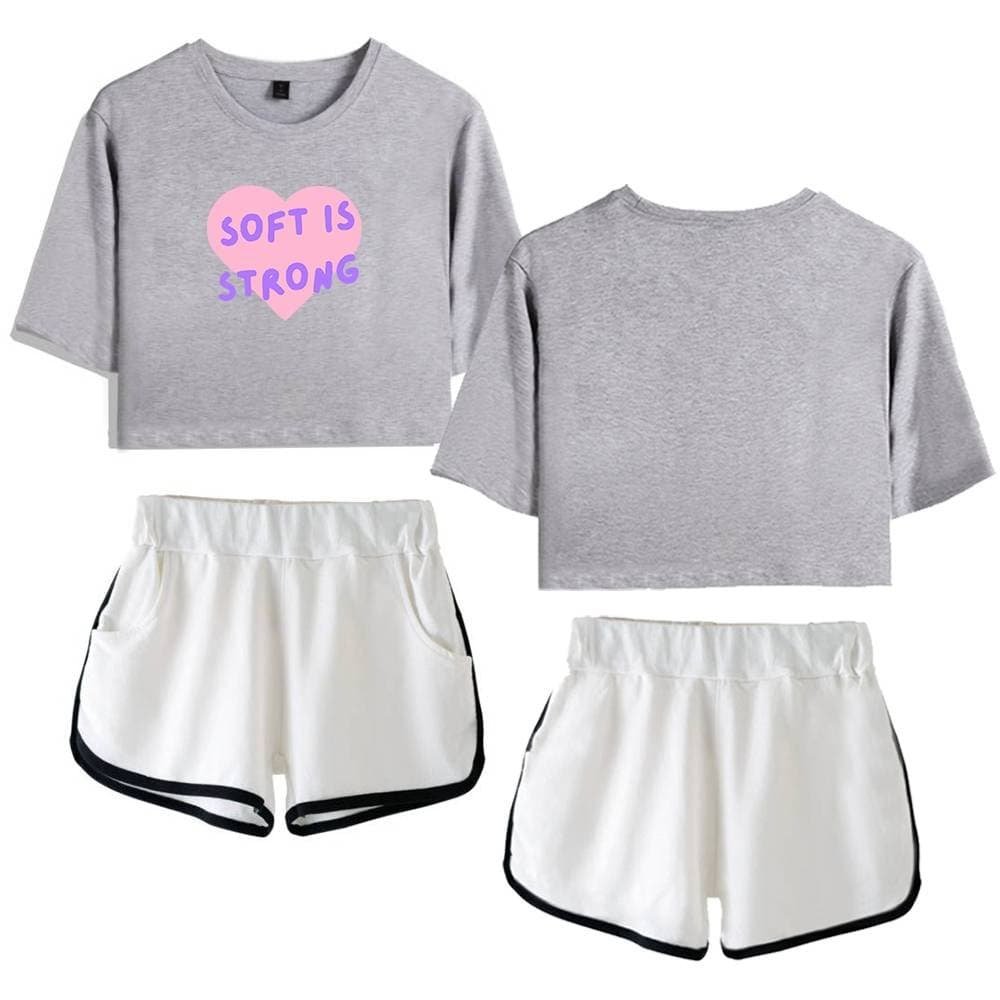 Soft and affordable gray crop top and white shorts set, perfect for casual wear or working out.
