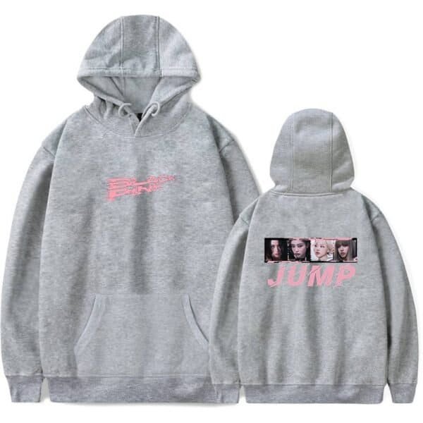White and grey hoodie with pink graphic print featuring female faces.
