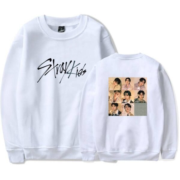 Soft white sweatshirt featuring "Stony Kids" logo on the front and a colorful photo collage of young individuals on the back, offering affordable, high-quality merch.