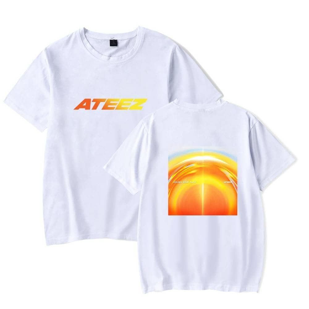 Ateez branded white t-shirts with vibrant graphic prints, affordable and high-quality merchandise.